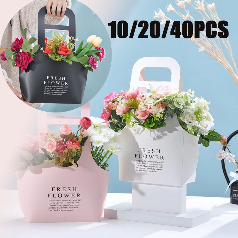 Flower Wrap Kraft - 10-40 個フリーサイズクラフト紙フラワーバッグ防水通気デザインフレッシュギフトラップキャリアハンドル付き花バスケット