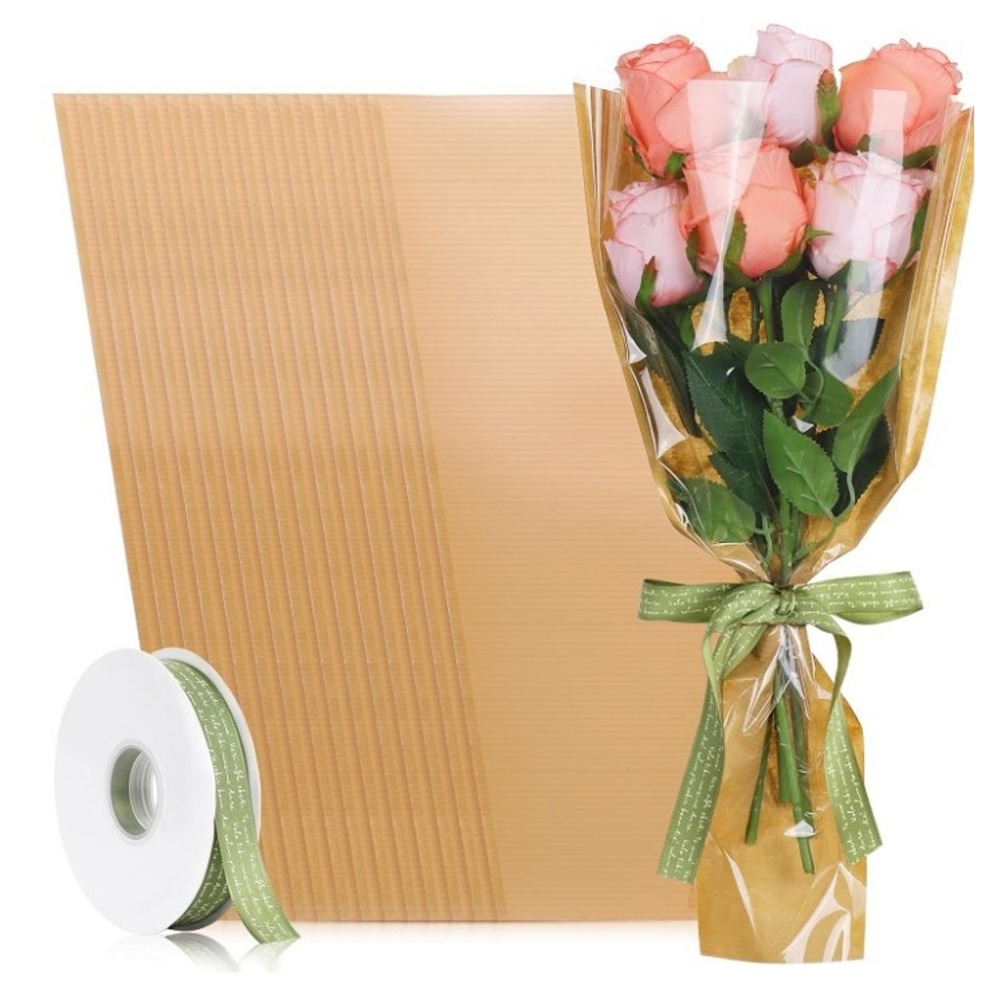 Flower Wrap Kraft - 50枚入り ライトコーヒー色 花柄ラッピングバッグ クラフト紙 45x24x9cm 花束ラッピングバッグ