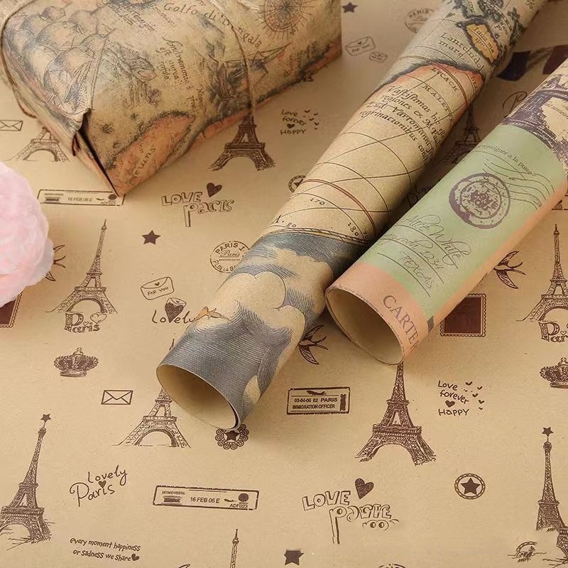 ヴィンテージ新聞柄包装紙 大判シート レトロブックカバー 花 - Flower Wrap Kraft のレビューと価格